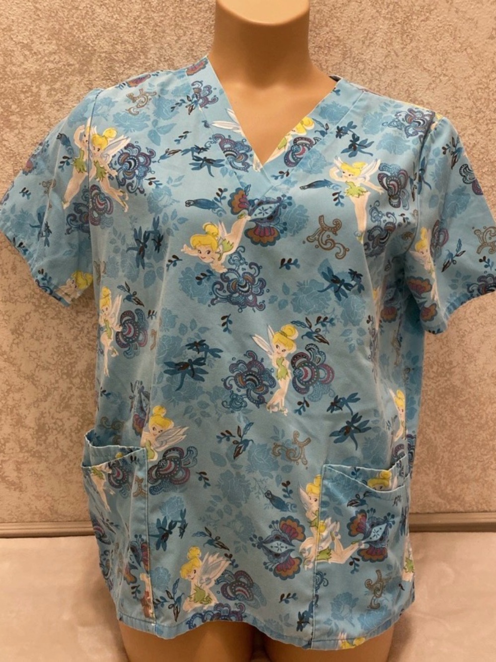 Disney Light Blue Tinker Bell Print Scrub Top